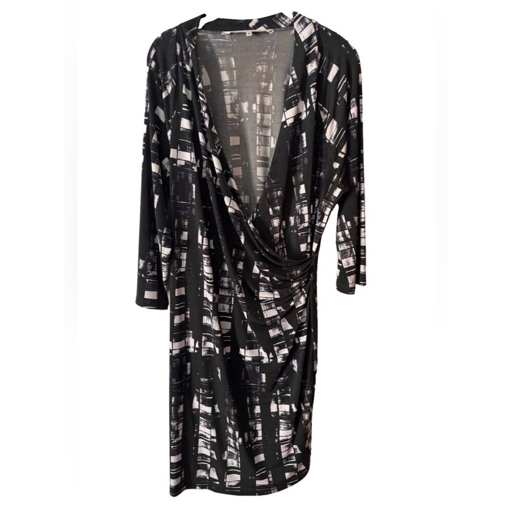 RACHEL Rachel Roy Dress Size XL Faux Wrap Black White Print Stretchy Midi Office
